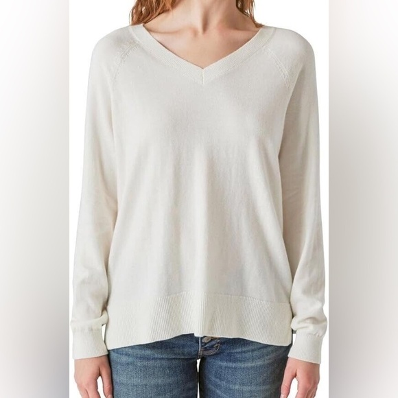 NWT Lucky Brand Soft White V-Neck Raglan Sleeve Split Hem Cotton Sweater… - Picture 12 of 13